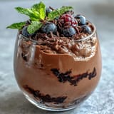 Velvety chocolate mousse cups made with cottage cheese, topped with a colorful mix of fresh berries and dark chocolate shavings for a decadent treat.