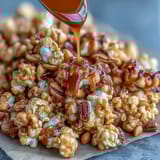 Crispy popcorn mix with peanuts and caramel, perfect for baseball season snacking.  