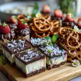 Festive dessert board featuring an array of mini brownies, fruit tarts, and cake slices perfect for sharing.