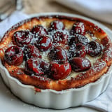 Elegant French dessert of baked cherries in vanilla custard, lightly dusted with powdered sugar.  