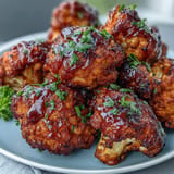 Oven-baked vegan BBQ cauliflower wings, glistening, served with cool ranch.