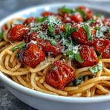 Aromatic garlic confit tomatoes tossed with tender pasta, creating a comforting Italian dish.