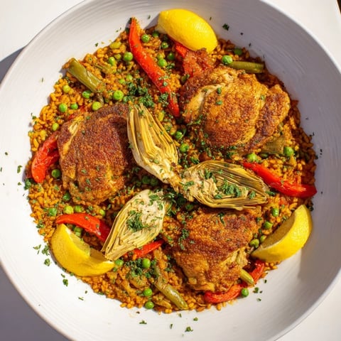 Golden-hued Authentic Paella sizzling in a pan, showcasing chicken and artichokes after cooking.