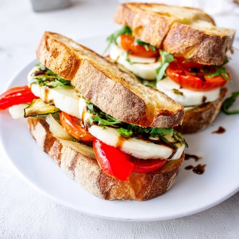 Sheet-Pan Roasted Veggie Caprese Grilled Cheese with melted mozzarella and golden, crispy sourdough bread.