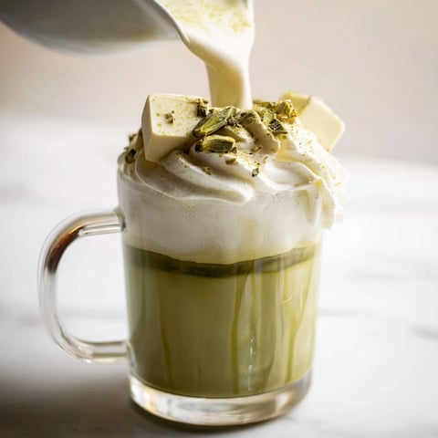 Steaming Cozy Peppermint Matcha Christmas Latte, rich green, swirling with white frothy milk and red candy.