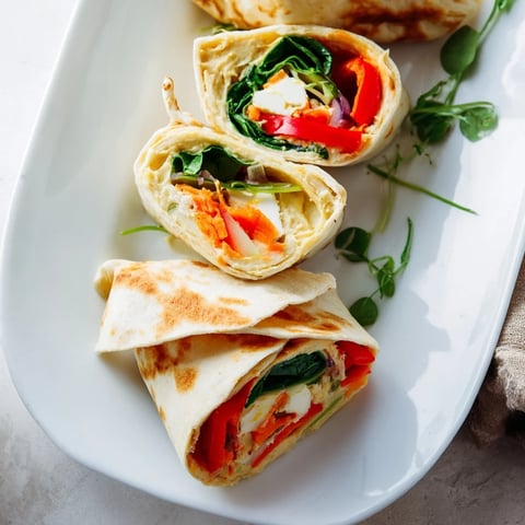 Golden-brown snowflake hummus wraps bursting with roasted vegetables and a creamy hummus spread.
