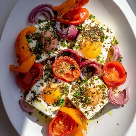 Golden-brown Mediterranean Baked Feta & Eggs, a delightful baked breakfast with runny yolks, invitingly delicious.