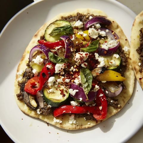 Golden-brown naan bread pizza topped generously with roasted vegetables and crumbled feta cheese.