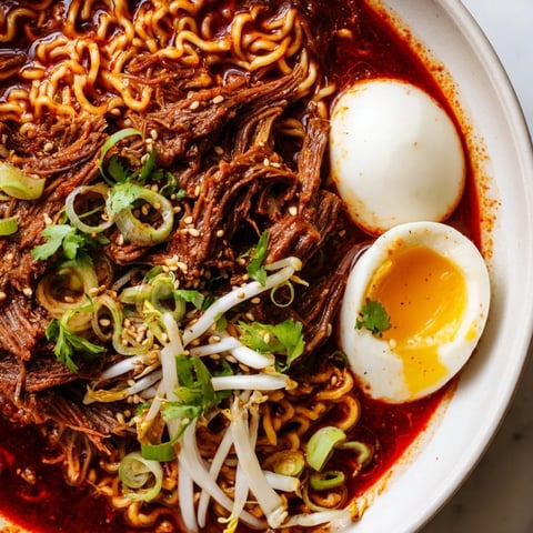Chaos Cooking Birria Ramen, a flavorful bowl of tender beef ramen with vibrant toppings.