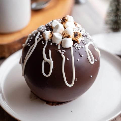 A close-up of Hot Chocolate Bombs on a rustic wooden surface, drizzled with white chocolate and dusted with cocoa powder, ready to melt into creamy hot cocoa.