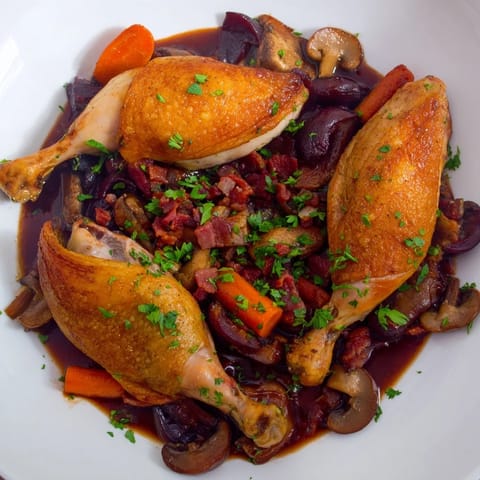 Golden-brown Budget Coq au Vin Style Chicken Drumsticks, simmering in rich red wine sauce with vegetables.