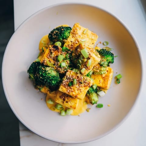 A close-up of Cheesy Baked Tofu and Broccoli, with sesame seeds, a vegetarian flavor explosion.
