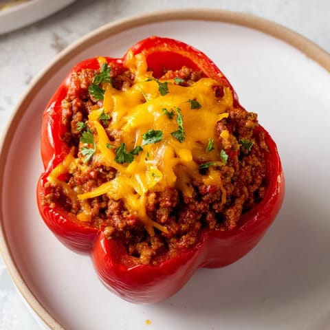 This photo features baked Sloppy Joe stuffed bell peppers, a delicious and easy American comfort food dinner.