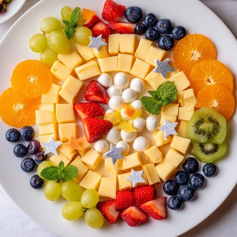 Vibrant Comet & Planet Grazing Tray with colorful fruits, cheeses, and star-shaped sprinkles presented on a large platter.