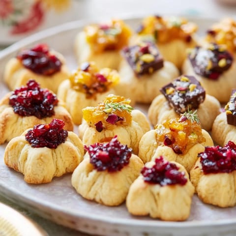 Festive Christmas Joy Trios: a close-up of a holiday dessert platter with mini cookies, bark, and tartlets.