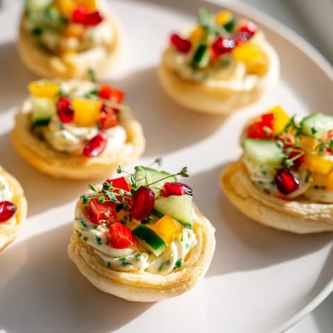 Golden Savory Tartlets, mini appetizer wreath, filled with creamy cheese and fresh, vibrant vegetables.