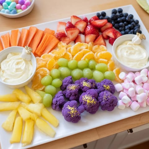 A festive party platter with a Magical Unicorn Rainbow Snack Board, perfect for snack time excitement.