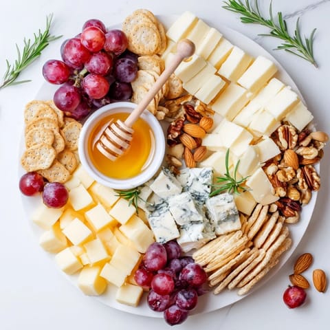 A festive Cranberry Grape Man Cheese Board displays delicious cheeses, grapes, and crackers, ready to enjoy.