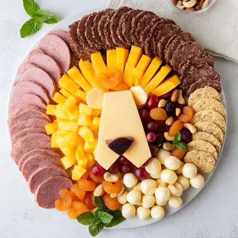 Savory Lion King meat and cheese platter with vibrant fruits and assorted crackers, perfect for sharing.