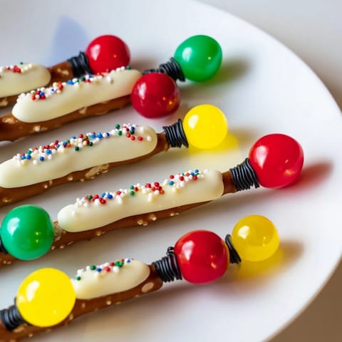 These no-bake pretzel sticks and dip Christmas lights sparkle with holiday sprinkles and vibrant candy.