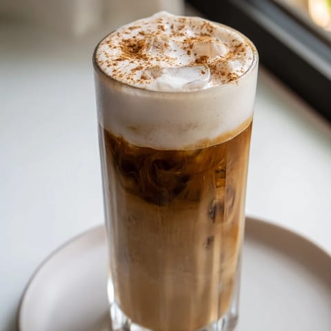A tall glass of Iced Brown Sugar Oat Latte, swirled with brown sugar syrup, offers a delectable flavor.