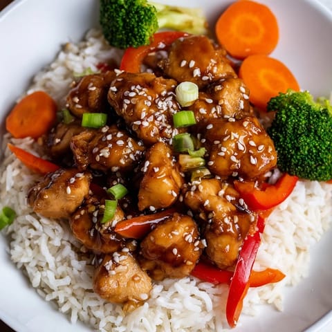 Savory Teriyaki Chicken Rice, a colorful dish with chicken pieces atop fluffy cooked rice.