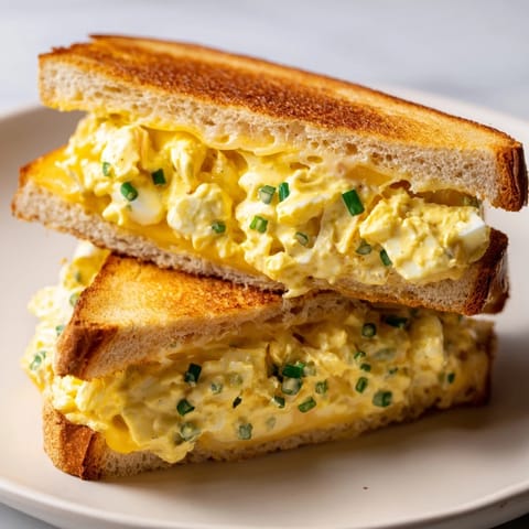 Melted cheese spills over the edges of a warm, perfectly grilled Egg Salad Grilled Cheese sandwich.