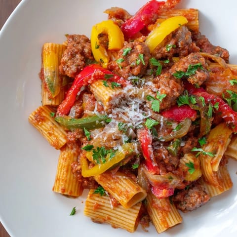 Close-up of golden Sausage and Peppers Pasta, perfectly plated and ready to enjoy with Parmesan.