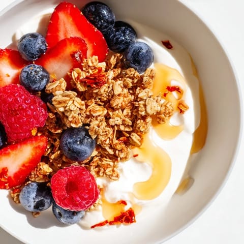This Cottage Cheese Hot Honey Bowl presents a vibrant breakfast, mixing sweet berries, granola, and spicy honey.