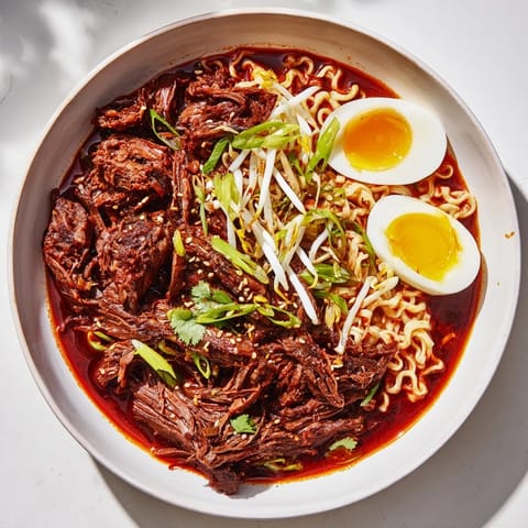A steaming bowl of Chaos Cooking Birria Ramen, a fusion of spicy beef and ramen noodles.