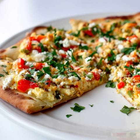 Golden Turkish Menemen Eggs Pizza, bubbly with feta, ready to cut and enjoy warm.