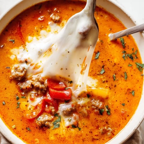 Hearty Pizza Soup with Italian sausage, peppers, and gooey cheese in a rich tomato broth.  