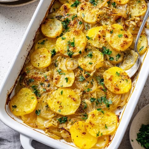 Cheesy, bubbly French Onion Soup Potatoes bake with sweet onions and golden potatoes, served warm from the oven.
