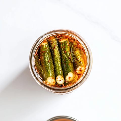 A close-up of zesty Taco Pickles in a jar, with visible chili flakes and smoked paprika for extra heat.