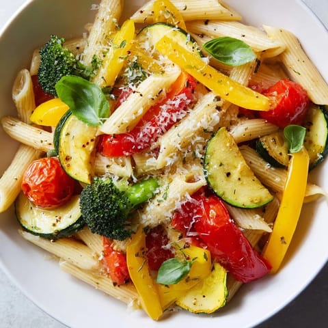 Pasta Primavera with colorful roasted seasonal vegetables tossed in garlic olive oil, garnished with parsley and lemon wedges for a bright finish.  