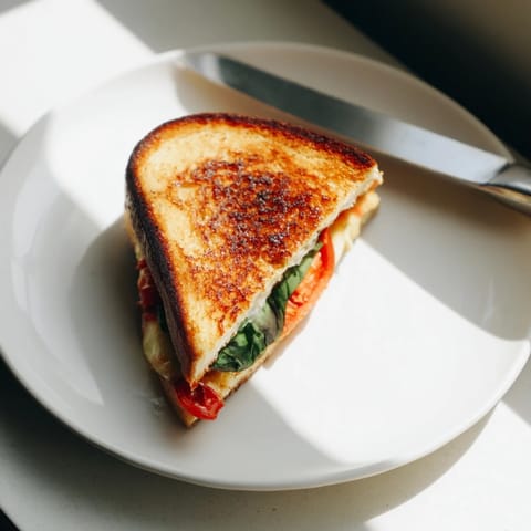 A warm Tomato Basil Grilled Cheese sandwich on rustic sourdough, layered with ripe tomato, basil, and creamy mozzarella.