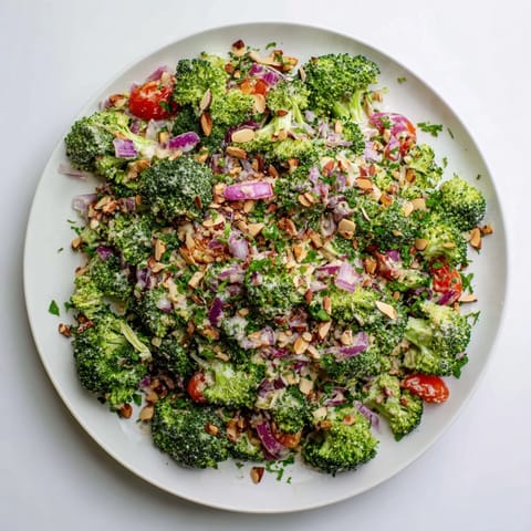 A vibrant bowl of Garlic Parmesan Broccoli Salad, served chilled with red onions and cherry tomatoes for a fresh side dish.  