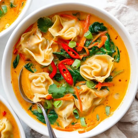 Steaming bowl of Red Curry Wonton Soup With Greens featuring plump wontons and vibrant spinach in a fragrant, creamy Thai-inspired broth.