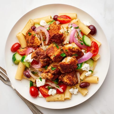 Fork-tender short pasta is tossed with fresh Greek vegetables and zesty dressing, then crowned with golden-brown chicken for a hearty main dish.