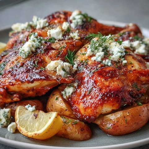 Juicy roasted chicken dish with tender potatoes, brightened by feta and herbs.