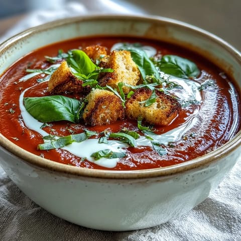 Silky smooth roasted tomato basil soup in a white bowl, garnished with basil and ready to enjoy with a rustic crouton.