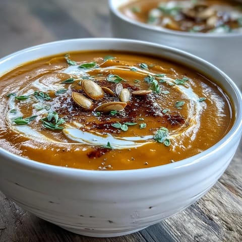 Steaming bowl of Easy Roasted Butternut Squash Soup, garnished with pumpkin seeds and thyme.