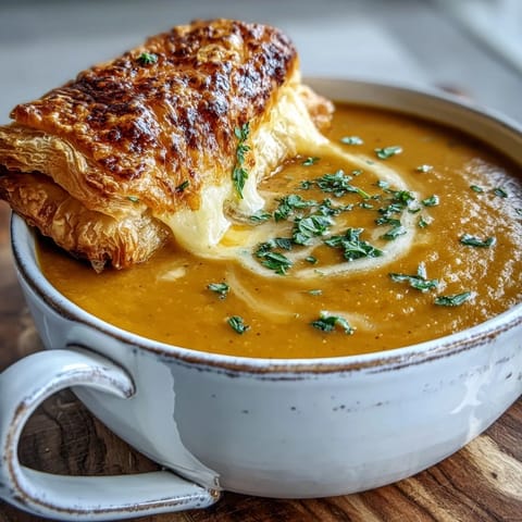 Silky blended soup with roasted vegetables next to a flaky brie and cheddar filled pastry.
