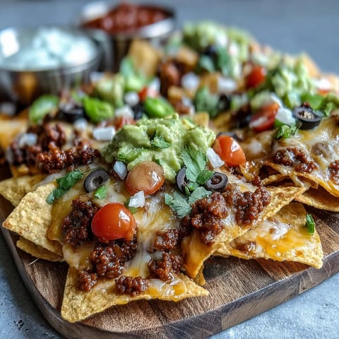 Piled high with beef, cheddar, and Monterey Jack, these hot baked nachos are bubbling fresh.