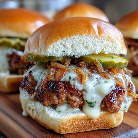 Toasted slider buns hold juicy bratwurst patties topped with tangy pickles and melted cheese.