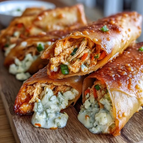 Freshly fried Buffalo Chicken Egg Rolls overflowing with spicy chicken, creamy cheese, and crunchy vegetables.