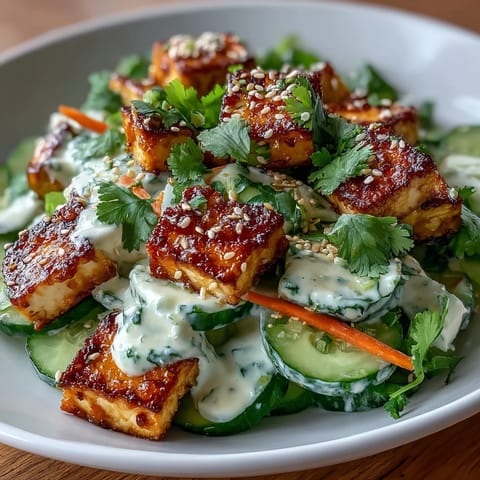 Bright green cucumber slices and carrot matchsticks shine through a sesame-ginger dressing in this refreshing Creamy Asian Cucumber Salad with Crispy Tofu.
