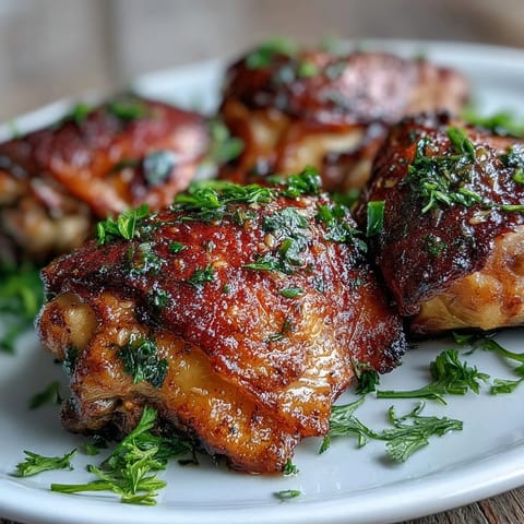 Crispy baked bone-in chicken thighs with golden crackling skin and lemon wedges on a serving platter.