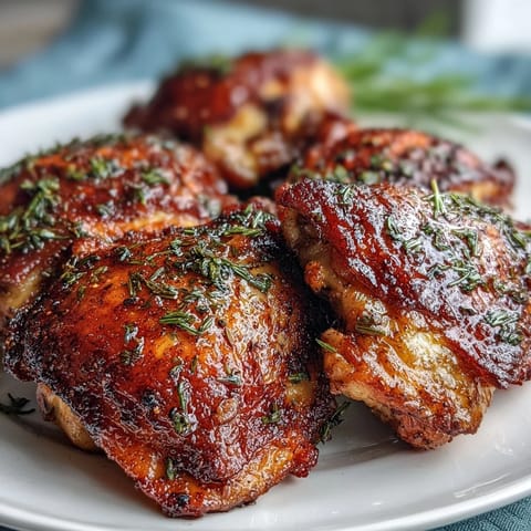 Juicy baked bone-in chicken thighs showcase smoky spice blend seasoning, fresh parsley garnish, and steam rising.