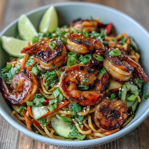 Freshly grilled shrimp sizzle atop sesame noodles in this quick 15-Minute Asian Noodle Bowl, garnished with crisp carrot and cucumber.